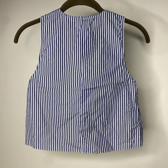 Yune Ho Women's XS Sleeveless Blouse Blue White Stripe Ruffle Crop Boxy Cotton - Picture 3 of 7